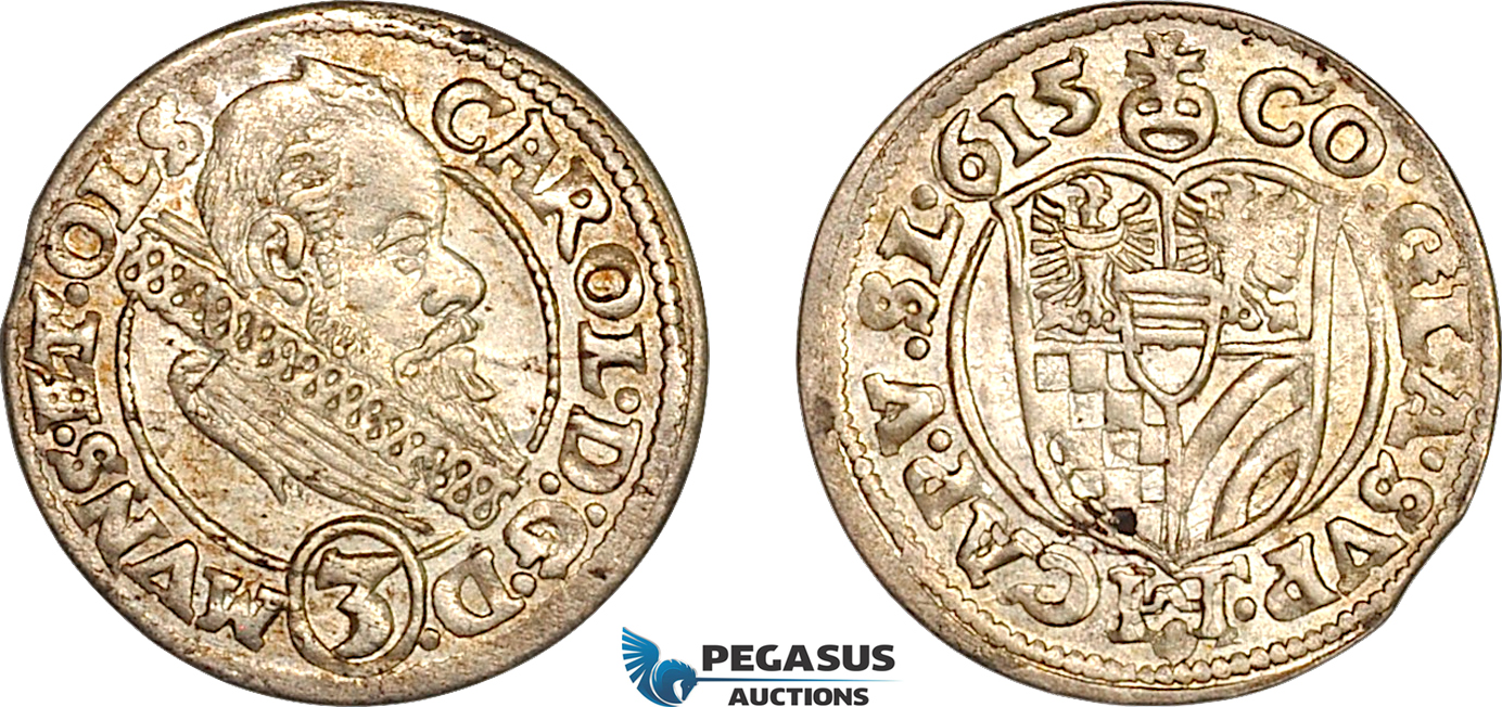 A11-214, Germany, Munsterberg-Oels, Karl II, 3 kreuzer 1615, Silver (1.77g), Ejzenhart-Miller 475, Light toning, AU
