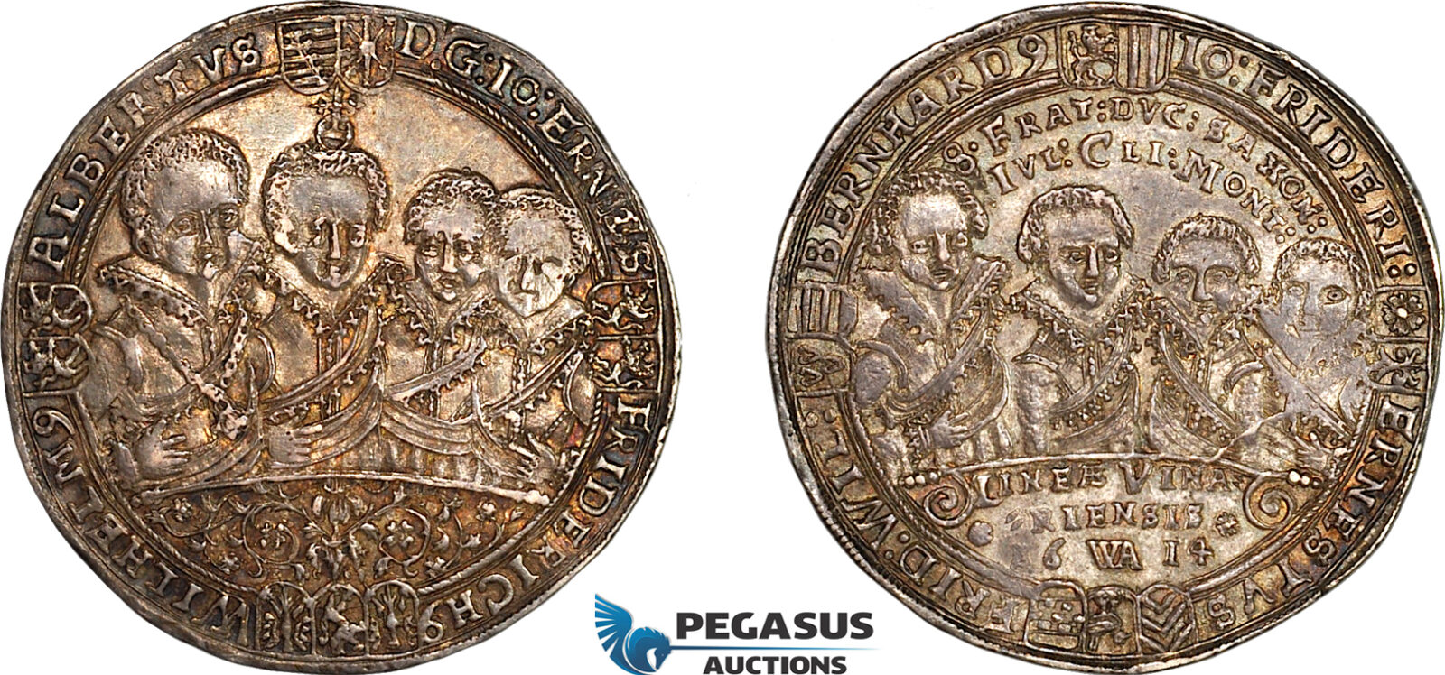 A11-225, Germany, Saxony-Weimar, 1/2 Taler 1614, Saalfeld Mint, Silver (14.46g), Koppe 195, Old cabinet toning, Very rare as a type and condition, XF-UNC