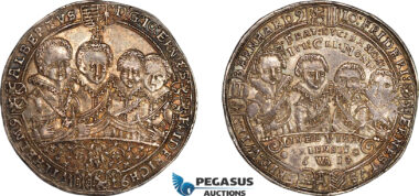 A11-225, Germany, Saxony-Weimar, 1/2 Taler 1614, Saalfeld Mint, Silver (14.46g), Koppe 195, Old cabinet toning, Very rare as a type and condition, XF-UNC