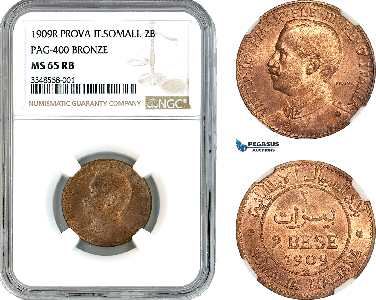 A11-281, Italian Somaliland, Vittorio Emanuele III, Prova (Pattern) 2 Bese 1909 R, Rome Mint, Pagani-400; Km-Pr2, NGC MS65RB