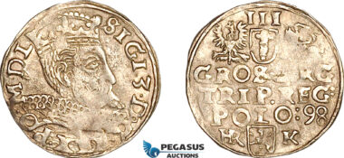 A11-381, Poland, Sigismund III, 3 Groschen (Trojak) 1598 HR K, Fraustadt (Wschowa) Mint, Silver (xxxg), Iger W.98.2d, Light toning, XF