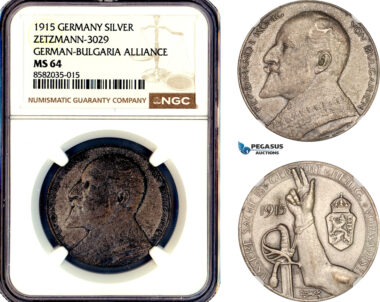 A12-103, Bulgaria, Ferdinand I, Medal 1915 by L.C. Lauer, Silver, Nurnberg Mint, on the Germany-Bulgaria Alliance, Zetzmann-3029, NGC MS64, Top Pop and single finest graded!