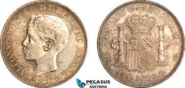 A12-548, Philippines, Spanish Colony, Alfonso XIII, Peso 1897 SG V, Manila Mint, Silver, KM-154, Amber toning, Light cleaning, AU