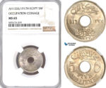 A5/257 Egypt, Occupation Coinage, 5 Milliemes AH1335/1917 H, Heaton Mint, KM# 315, NGC MS65