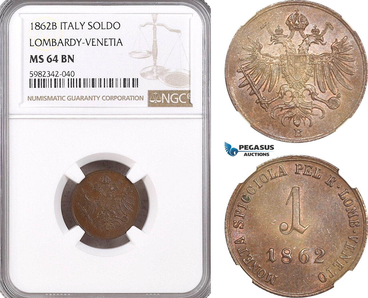 A5/540 Italy, Lombardy Venetia, Franz Joseph of Austria, 1 Soldo 1862 B, Kremnitz Mint, KM C#35.2, NGC MS64BN, Top Pop! (Highest graded)