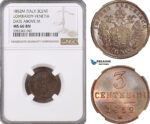 A5/541 Italy, Lombardy Venetia, Franz Joseph of Austria, 3 Centesimi 1852 M, Milan Mint, KM C#30.1, NGC MS66BN, Top Pop! (Single highest graded!)