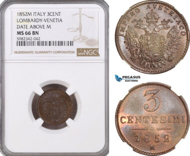 A5/541 Italy, Lombardy Venetia, Franz Joseph of Austria, 3 Centesimi 1852 M, Milan Mint, KM C#30.1, NGC MS66BN, Top Pop! (Single highest graded!)
