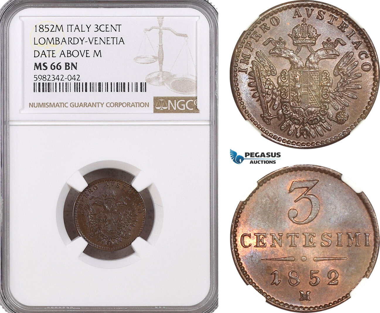 A5/541 Italy, Lombardy Venetia, Franz Joseph of Austria, 3 Centesimi 1852 M, Milan Mint, KM C#30.1, NGC MS66BN, Top Pop! (Single highest graded!)