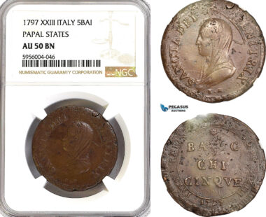 A5/548 Italy, Papal States, 5 Baiocchi 1797 XXIII, KM# 6, NGC AU50BN
