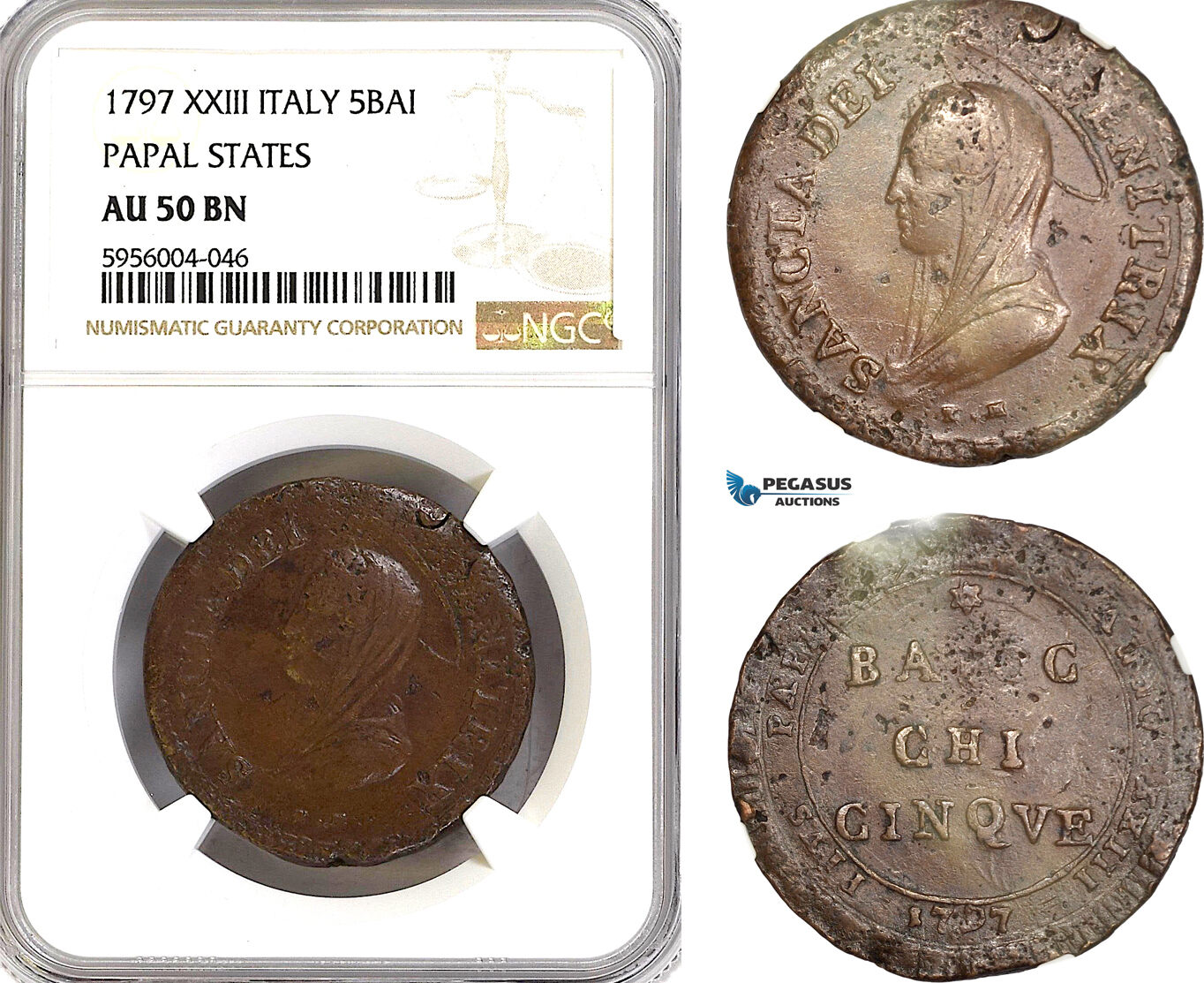 A5/548 Italy, Papal States, 5 Baiocchi 1797 XXIII, KM# 6, NGC AU50BN
