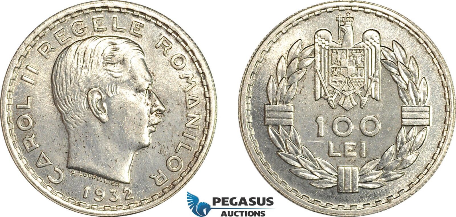 A7-532, Romania, Carol II, Pattern 100 Lei 1932, London Mint, Tin (7.96g) Reeded edge, Medal rotation, Schäffer/Stambuliu 151 Var. (Unpublished metal) UNC, Rare!