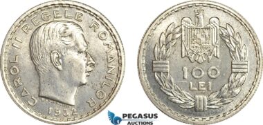 A7-532, Romania, Carol II, Pattern 100 Lei 1932, London Mint, Tin (7.96g) Reeded edge, Medal rotation, Schäffer/Stambuliu 151 Var. (Unpublished metal) UNC, Rare!
