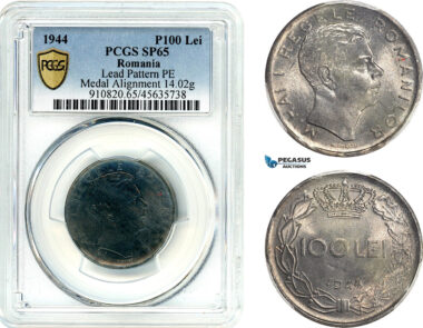 A7/541, Romania, Mihai I, Pattern 100 Lei 1944, Bucharest Mint, Lead (14.02g) Plain edge, Medal rotation, Schäffer/Stambuliu, PCGS SP65, Rare!