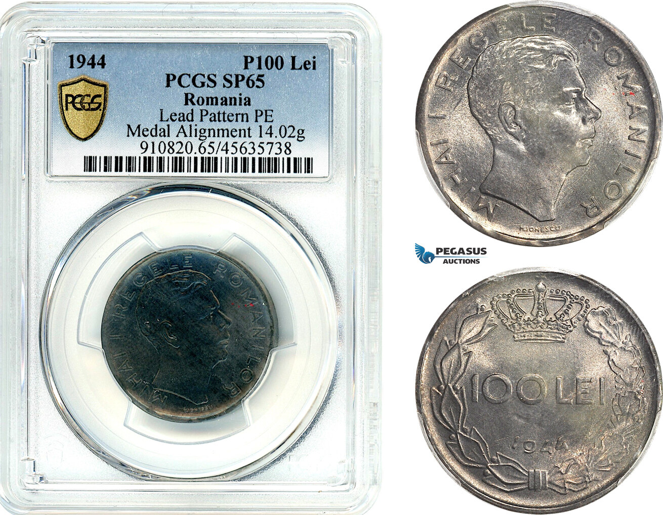 A7/541, Romania, Mihai I, Pattern 100 Lei 1944, Bucharest Mint, Lead (14.02g) Plain edge, Medal rotation, Schäffer/Stambuliu, PCGS SP65, Rare!