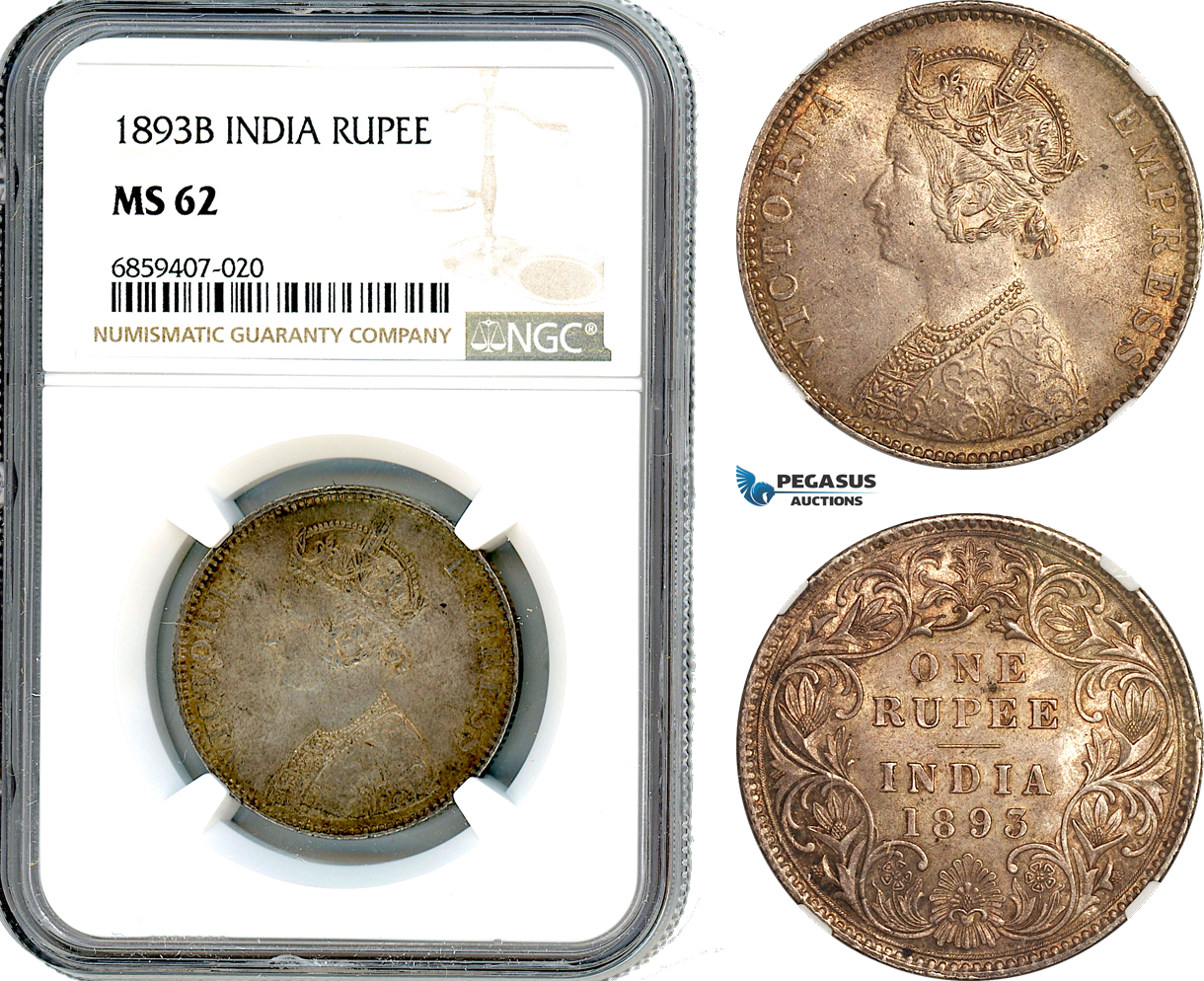 A8/233, India, British India, Victoria, Rupee 1893 B, Bombay Mint, Silver, KM-492, Old cabinet toning, NGC MS62