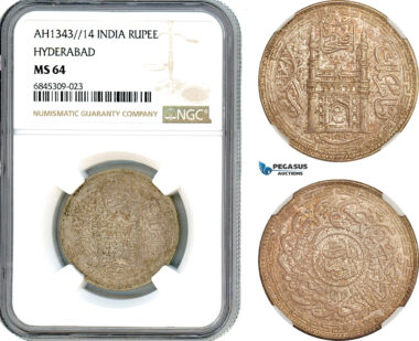 A8/239, India, Hyderabad, Osman Ali Khan, AH1343//14  (1924) Rupee, Silver, Km-Y-53A, Lustrous with cabinet toning, NGC MS64