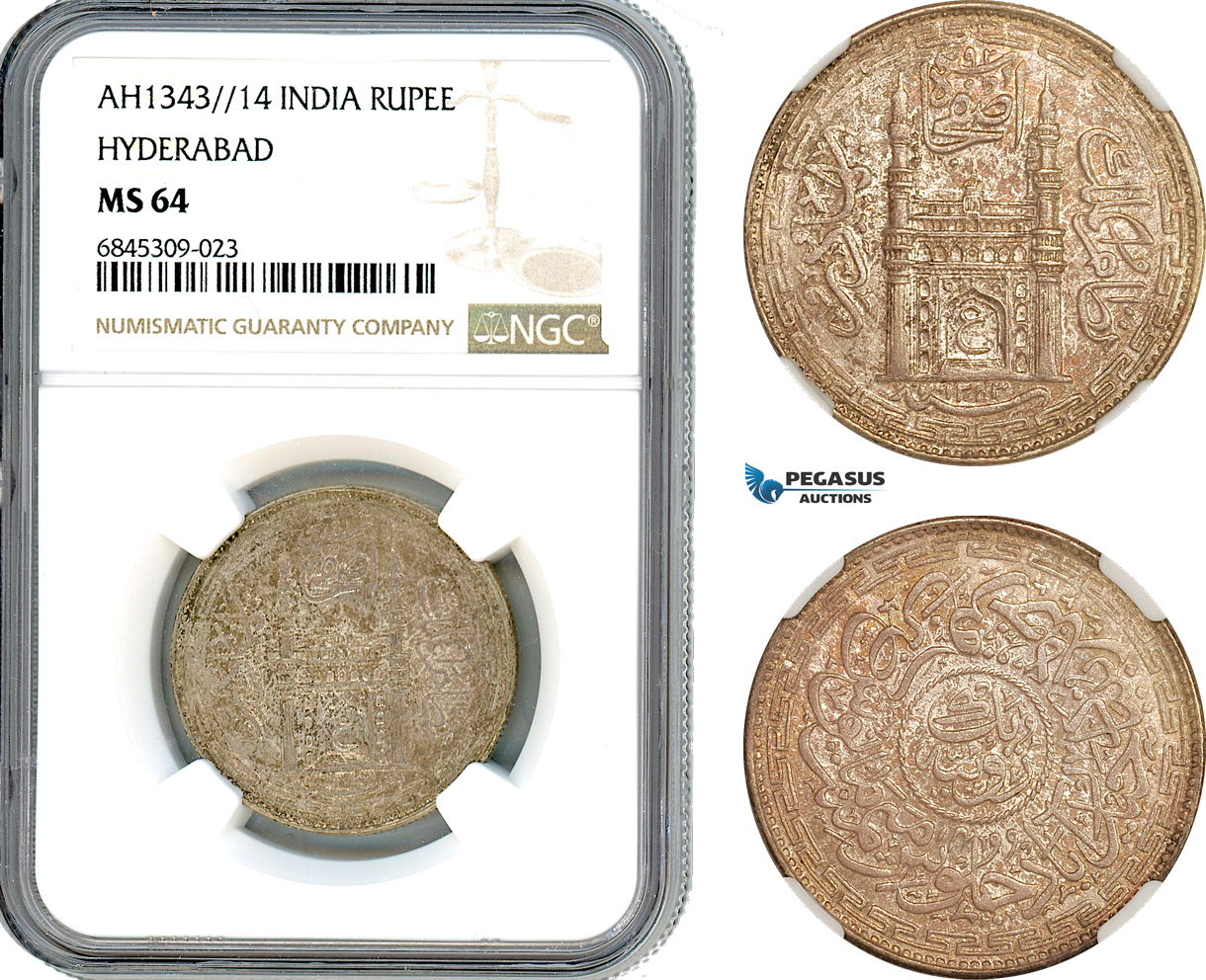 A8/239, India, Hyderabad, Osman Ali Khan, AH1343//14  (1924) Rupee, Silver, Km-Y-53A, Lustrous with cabinet toning, NGC MS64