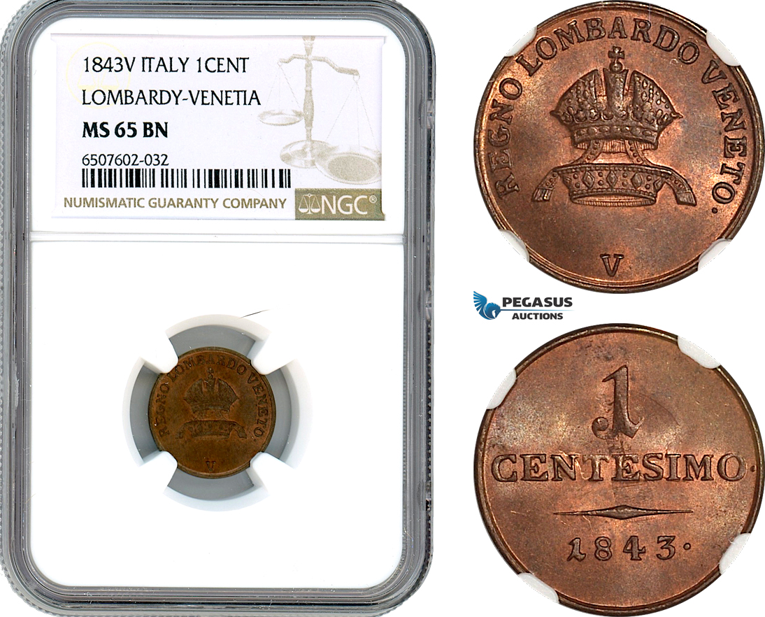 A8/255, Italy, Lombardy-Venice, Centesimo 1843 V, KM C12.2, NGC MS65BN