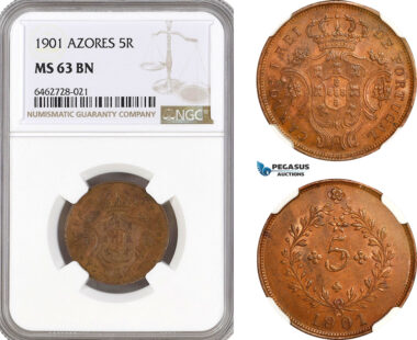 AH109, Portugal, Azores, Charles I, 5 Reis 1901, Lisbon Mint, NGC MS63BN