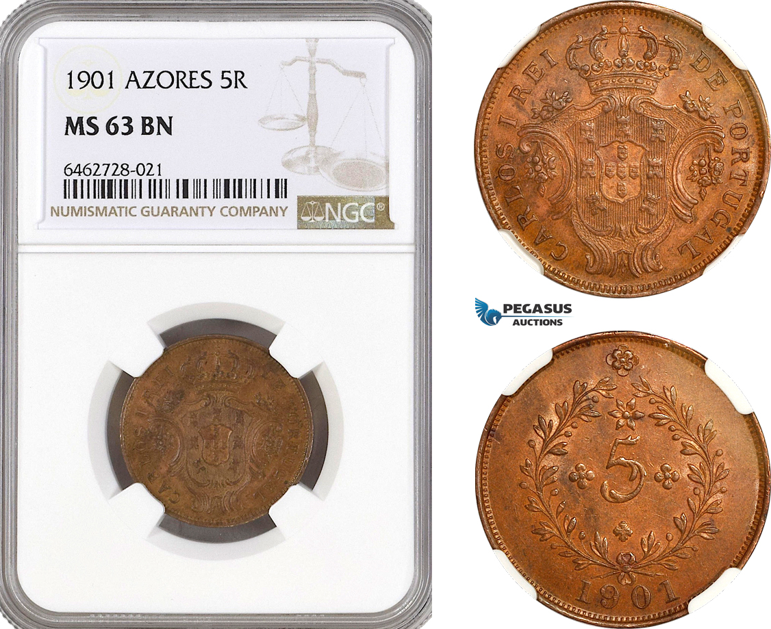 AH109, Portugal, Azores, Charles I, 5 Reis 1901, Lisbon Mint, NGC MS63BN