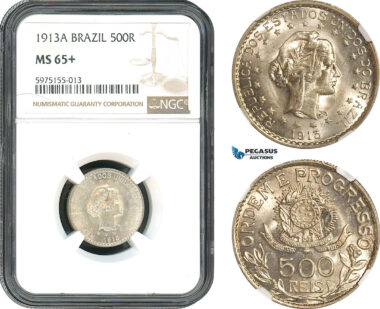 AH371, Brazil, 500 Reis 1913 A, Paris Mint, Silver, NGC MS65+