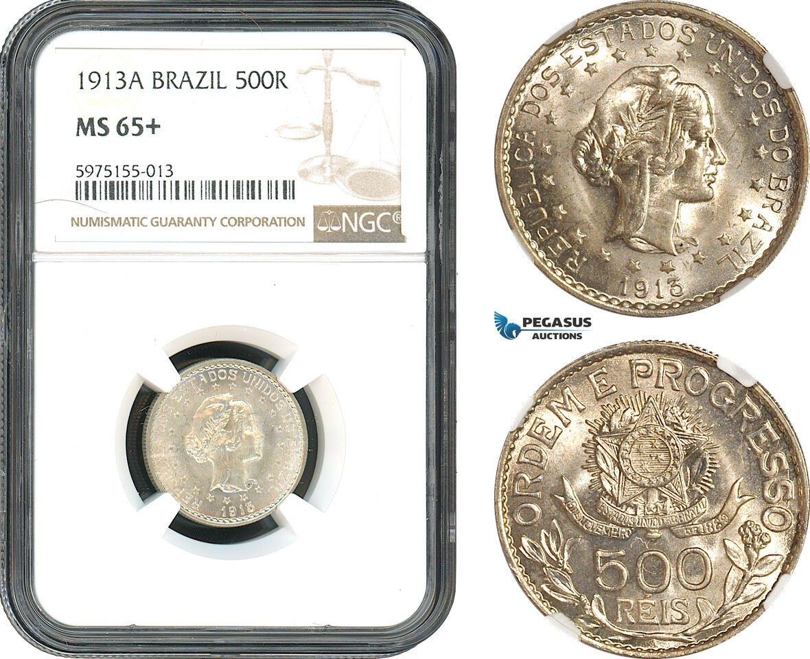 AH371, Brazil, 500 Reis 1913 A, Paris Mint, Silver, NGC MS65+
