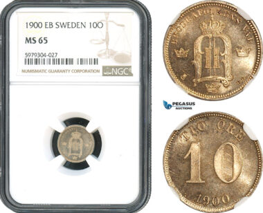 AH490, Sweden, Oscar II, 10 Öre 1900 EB, Stockholm Mint, Silver, NGC MS65