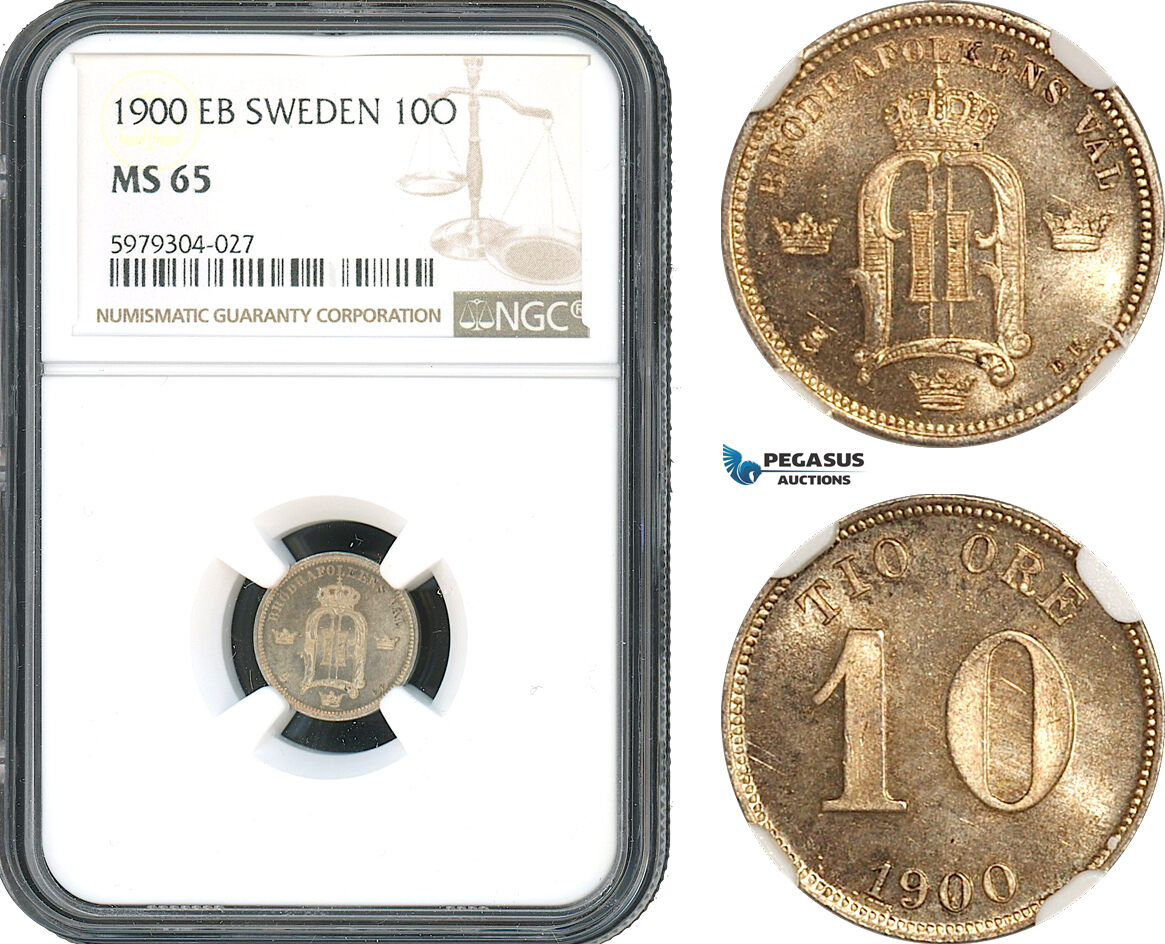 AH490, Sweden, Oscar II, 10 Öre 1900 EB, Stockholm Mint, Silver, NGC MS65