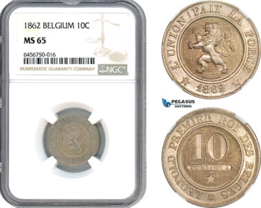 AH516, Belgium, Leopold II, 10 Centimes 1862, Brussels Mint, NGC MS65
