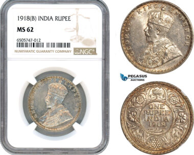 AH655, India (British) George V, 1 Rupee 1918 B, Bombay Mint, Silver, NGC MS62