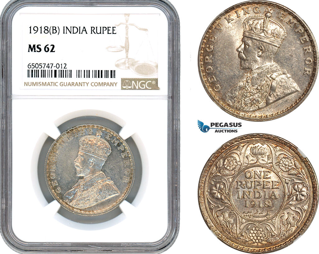 AH655, India (British) George V, 1 Rupee 1918 B, Bombay Mint, Silver, NGC MS62