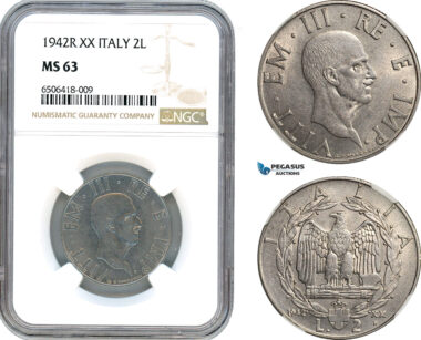 AH670, Italy, Vit. Emanuele III, 2 Lire 1942 R, Rome Mint, NGC MS63