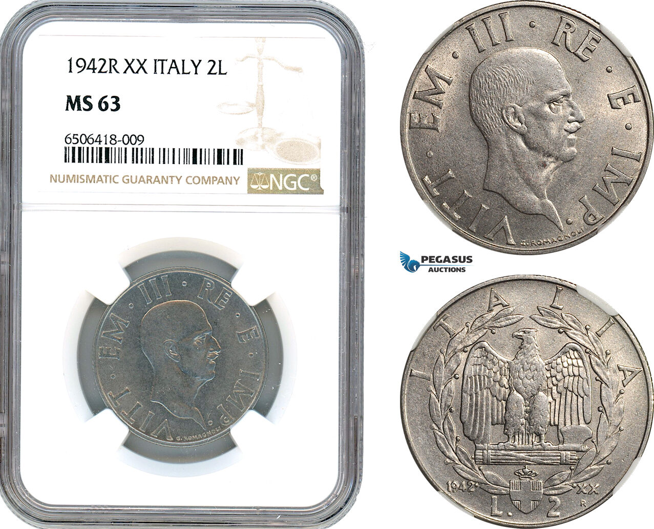 AH670, Italy, Vit. Emanuele III, 2 Lire 1942 R, Rome Mint, NGC MS63