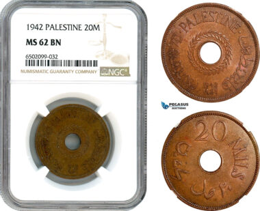 AH724, Palestine, 20 Mils 1942, London Mint, NGC MS62BN