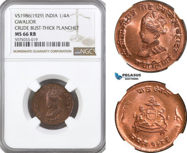AH77, India, Gwalior, 1/4 Anna VS1986 (1929)  Crude Bust, Thick Plankhet, NGC MS66RB