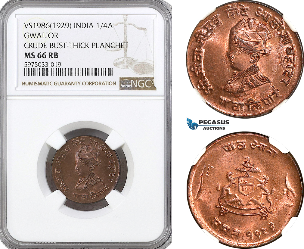 AH77, India, Gwalior, 1/4 Anna VS1986 (1929) Crude Bust, Thick Plankhet, NGC MS66RB