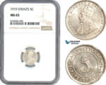 AH804, Straits Settlements, George V, 5 Cent 1919, Silver, NGC MS65