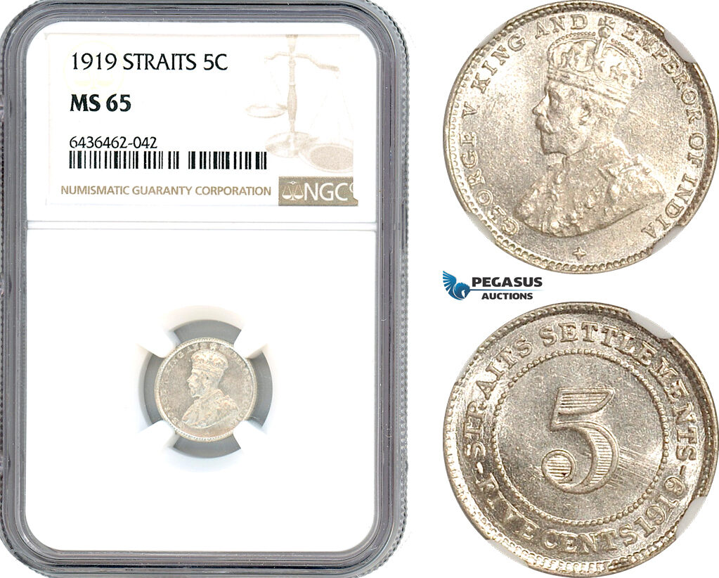 AH804, Straits Settlements, George V, 5 Cent 1919, Silver, NGC MS65