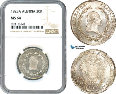 AI028, Austria, Franz II, 20 Kreuzer 1823 A, Vienna Mint, Silver, NGC MS64