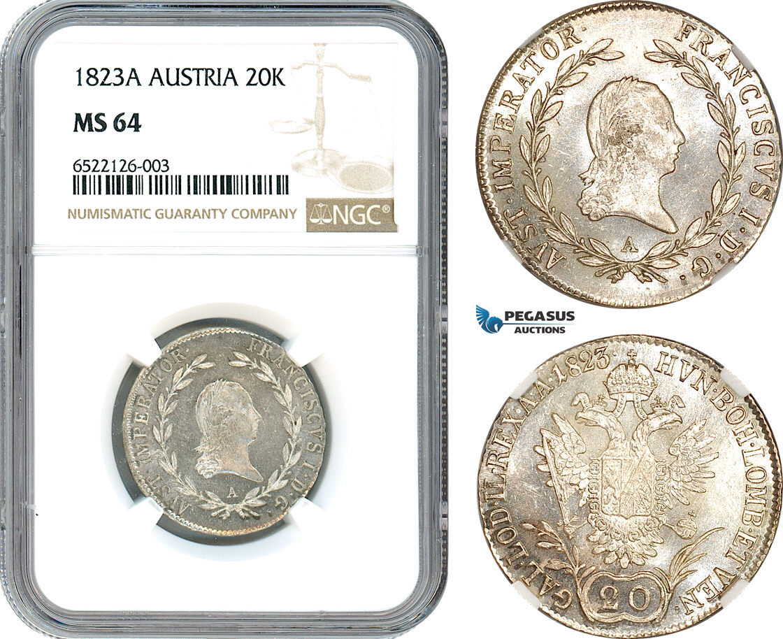 AI028, Austria, Franz II, 20 Kreuzer 1823 A, Vienna Mint, Silver, NGC MS64