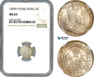 AI074, Hong Kong, Edward VII, 5 Cents 1905 H, Heaton Mint, Silver, NGC MS65