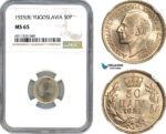 AI127, Yugoslavia, Alexander I, 50 Para 1925 B, Brussels Mint, NGC MS65