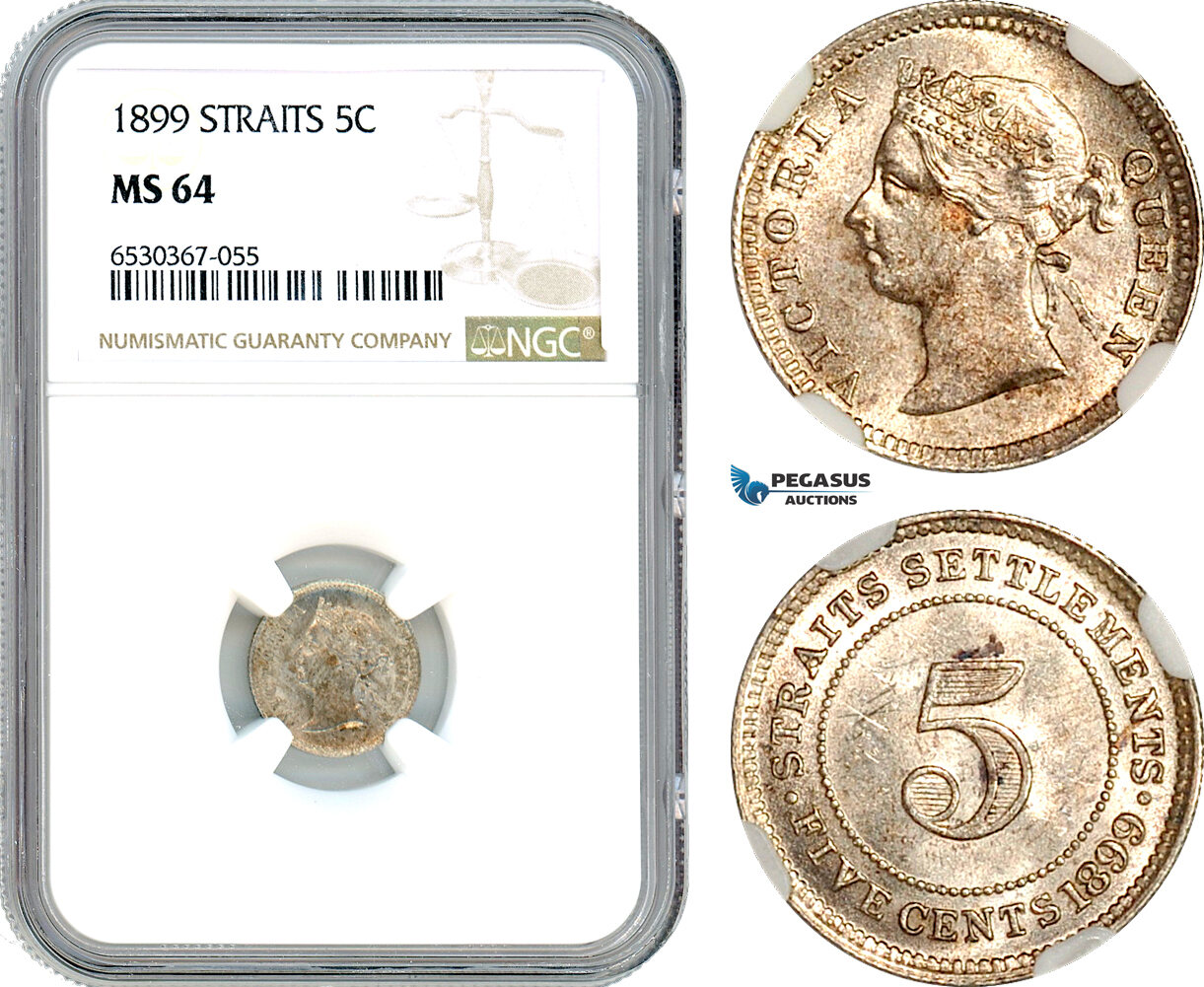 AI296, Straits Settlements, Victoria, 5 Cents 1899, Silver, NGC MS64