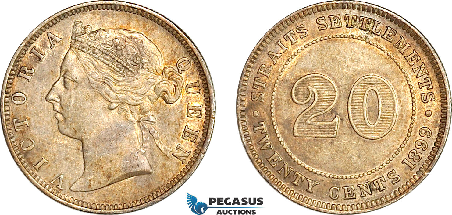 AI298, Straits Settlements, Victoria, 20 Cents 1899, Silver, EF
