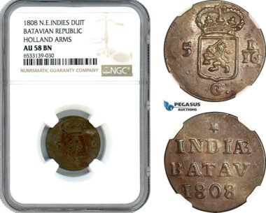 AI447, Netherlands East Indies, Batavian Rep. 1 Duit 1808, Holland Arms, NGC AU58BN