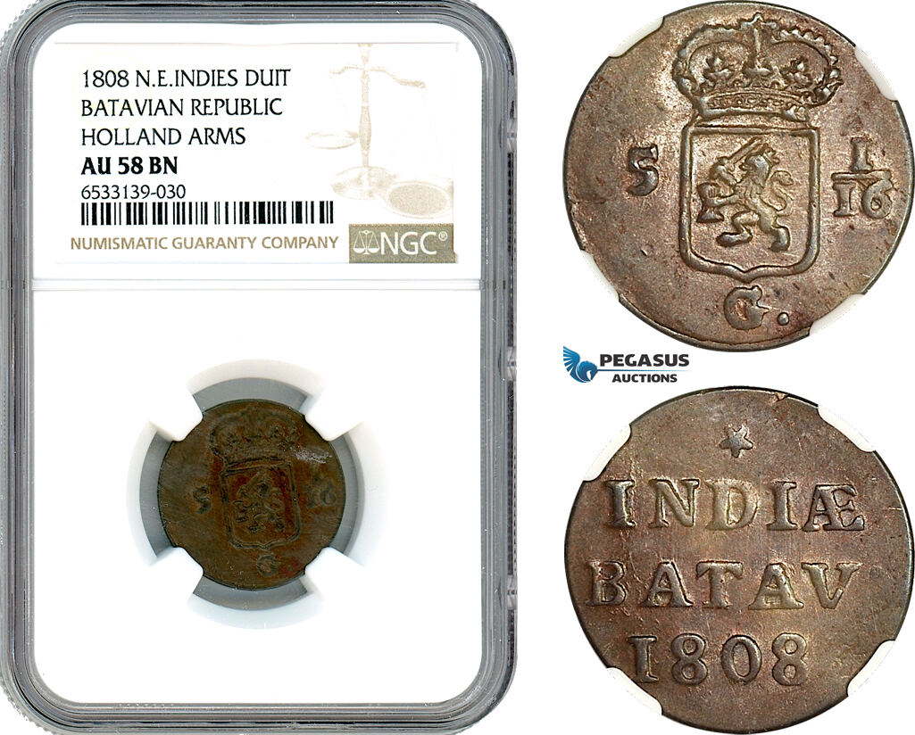 AI447, Netherlands East Indies, Batavian Rep. 1 Duit 1808, Holland Arms, NGC AU58BN