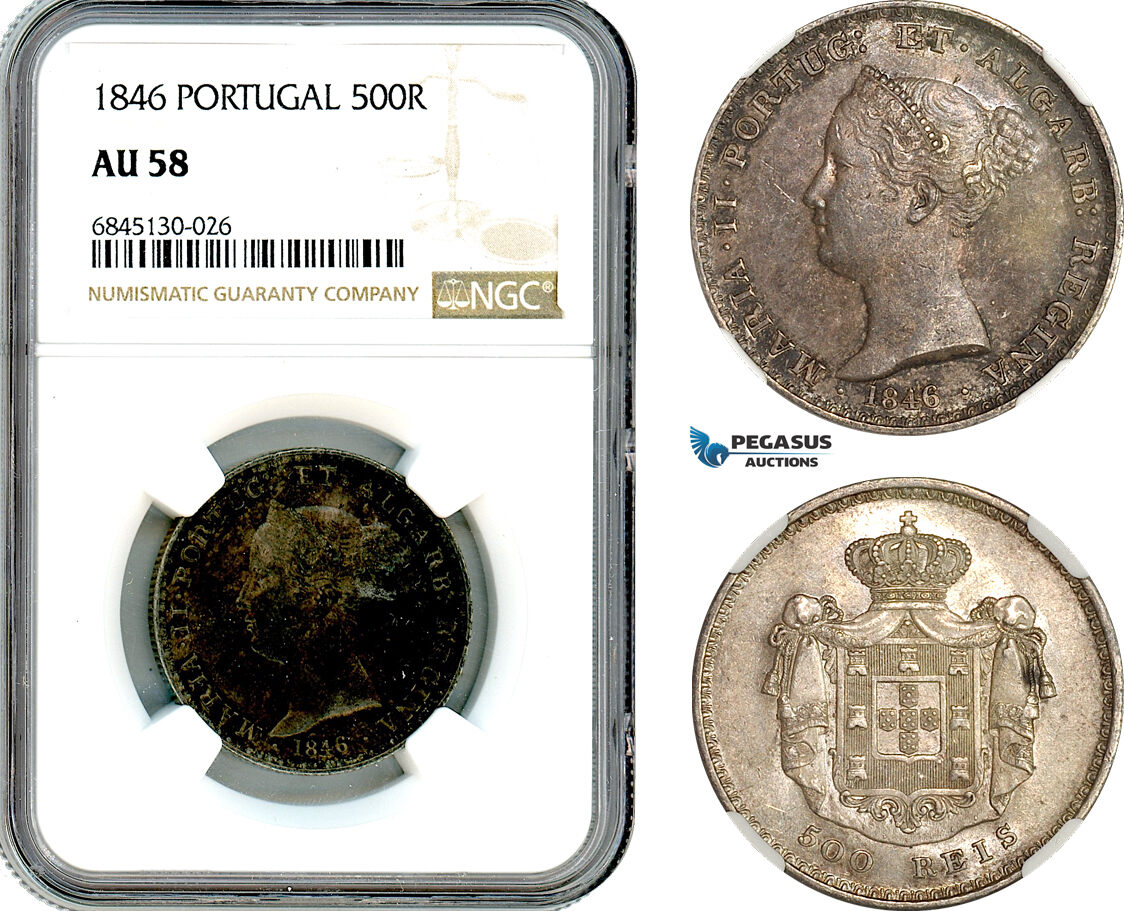 AI508, Portugal, Maria II, 500 Reis 1846, Lisbon Mint, Silver, NGC AU58