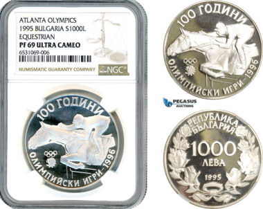 AI516, Bulgaria, 1000 Leva 1995, Sofia Mint, Atlanta Olympic Games, Equestrian, Silver, NGC PF69 Ultra Cameo, Top Pop!