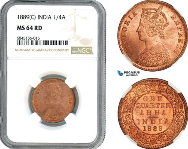AI528, India, British, Victoria, 1/4 Anna 1889 C, Calcutta Mint, NGC MS64RD