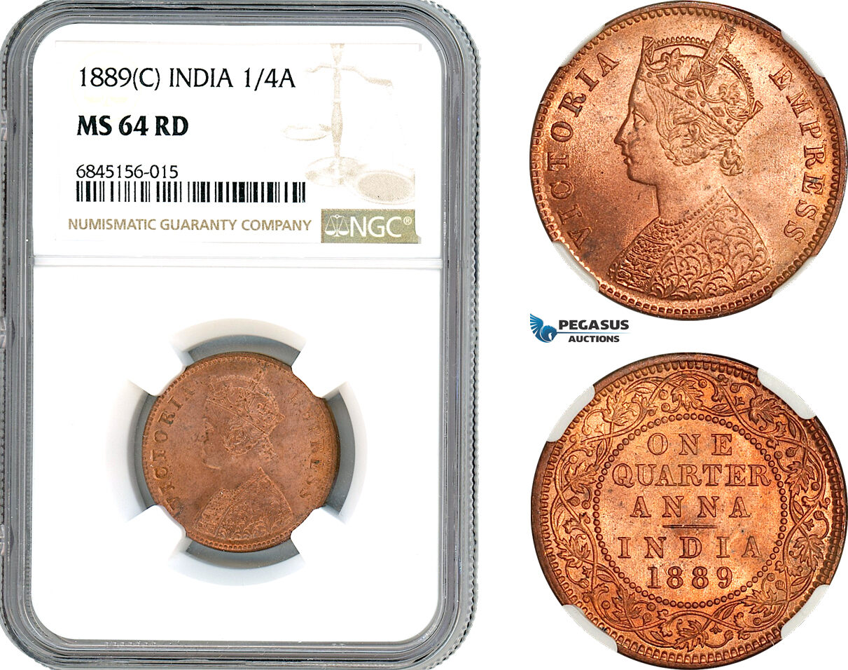 AI528, India, British, Victoria, 1/4 Anna 1889 C, Calcutta Mint, NGC MS64RD